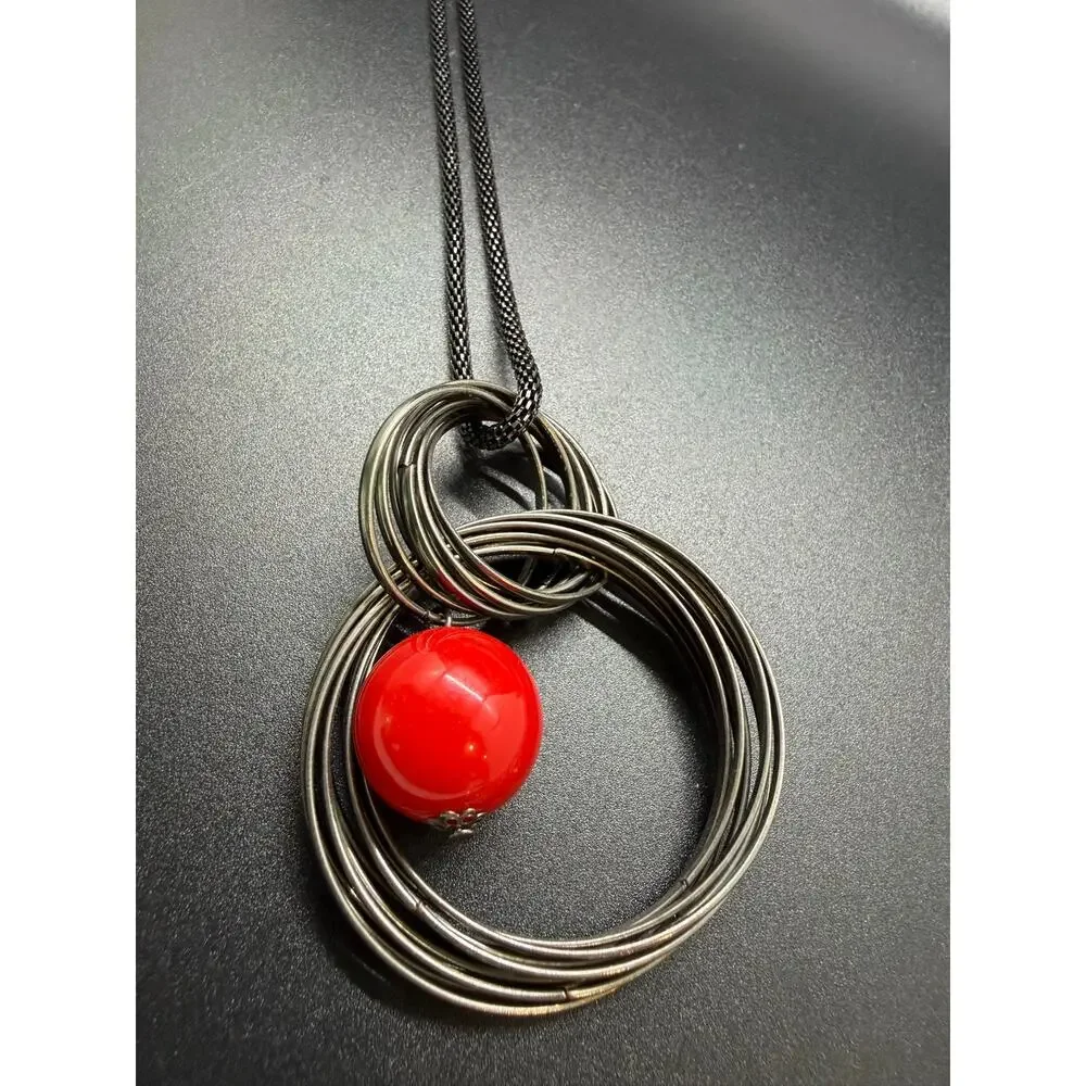 Modernist Multi-Circle Wire Wrap Pendant Long Sweater Necklace
